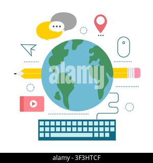 Global network. Flat vector illustration with planet, computer keyboard and internet icons, white background Stock Vector