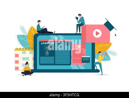 Distance education. Flat vector illustration of people studying around tablet computer with training course on screen Stock Vector