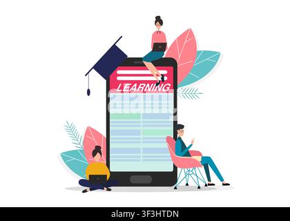 Smartphone with word LEARNING on screen and people studying online, white background. Vector illustration in flat style Stock Vector
