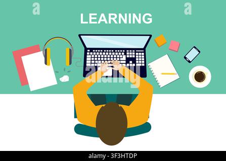 Top view of person using laptop for online education, vector illustration in flat style Stock Vector