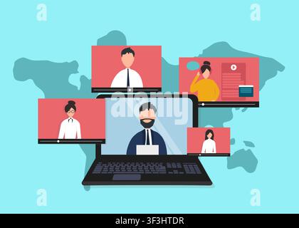 People having online discussion, opinion exchange or video conference, vector illustration in flat style Stock Vector