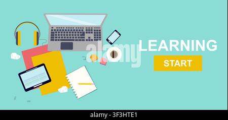 Overhead view of digital devices and notebooks with words LEARNING START, vector illustration in flat style Stock Vector