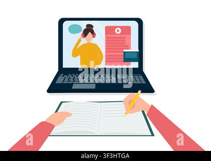 Person studying online to video tutorial on laptop, writing down notes into copybook. Vector illustration in flat style Stock Vector