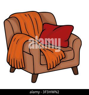 Cozy brown armchair with orange throw blanket and red pillow vector illustration Stock Vector