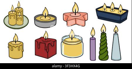 Set of burning candles vector illustration, various shapes and sizes of wax candles with flickering flames Stock Vector