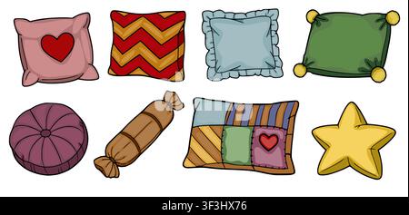 Set of colorful decorative pillows vector illustration with various shapes and patterns Stock Vector