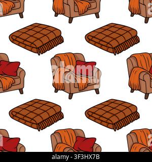 Cozy home interior seamless pattern vector with armchairs and checkered blankets Stock Vector