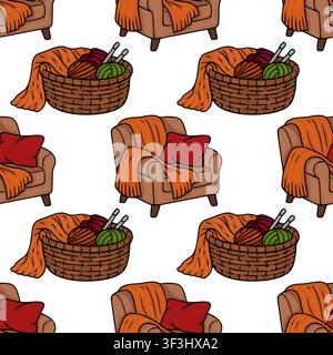 Cozy home seamless pattern vector with armchairs and knitting baskets Stock Vector