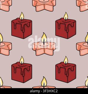 Seamless vector pattern with burning red cube and pink star candles on a soft neutral background Stock Vector