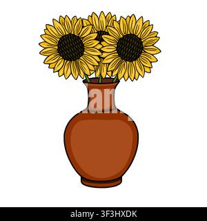 Isolated vector illustration of vibrant yellow sunflowers in a rustic brown ceramic vase Stock Vector