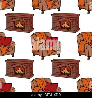 Cozy home vector seamless pattern with armchairs and fireplaces, warm autumn interior background Stock Vector