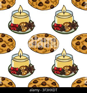 Seamless vector pattern with cozy scented candles and chocolate chip cookies for holiday home decor Stock Vector