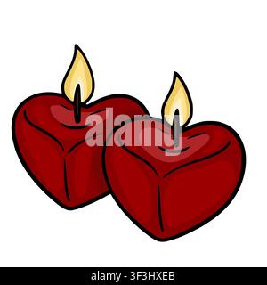 Two burning heart shaped red candles vector illustration, romantic wax lights with glowing flames isolated on white Stock Vector