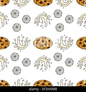 Seamless pattern with vector chocolate chip cookies, milk splashes, and meringue swirls Stock Vector