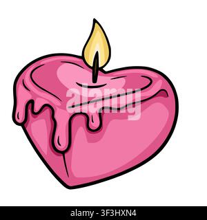 Heart shaped pink candle vector illustration with melting wax and glowing flame Stock Vector