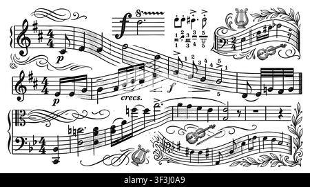 Elegant musical notes dancing around a treble clef symbol on a clean background. Stock Vector