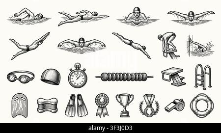 Swimming Athlete silhouette icon set, flat black glyph style, pure white background. Stock Vector