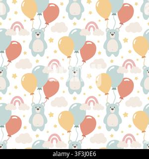 Seamless pattern with cute teddy bear flying balloons among rainbow, cloud and star. Childish background print for textile and wrapping paper design. Adorable nursery wall decor illustration. Stock Vector