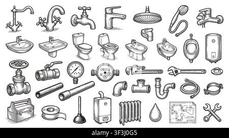 Faucet and plumbing icon set including water taps, shower heads, industrial valves and bathroom fixtures.. Stock Vector