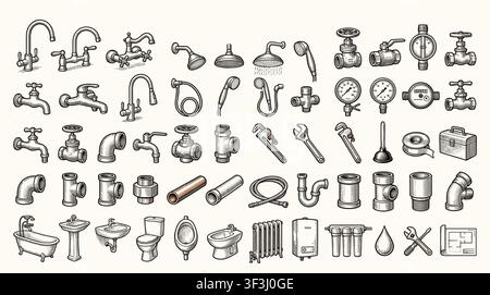 Faucet and plumbing icon set including water taps, shower heads, industrial valves and bathroom fixtures.. Stock Vector