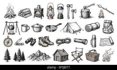 Hand drawn campfire icon set, fireplace, lantern, axe, marshmallow, isolated on white background, outdoor camping vector. Stock Vector