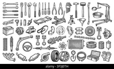 Black and White Vector Illustrations of Automotive Repair Tools and Parts. Stock Vector