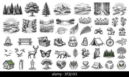 Nature and healthy rest icon set with green landscape fresh air and forest path for web design . Stock Vector
