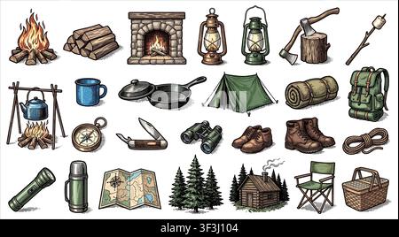 Hand drawn campfire icon set, fireplace, lantern, axe, marshmallow, isolated on white background, outdoor camping vector. Stock Vector