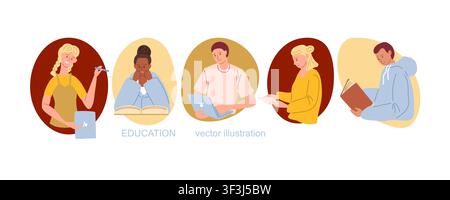 Student set. Modern education and study lifestyle. Vector illustration for university banner, e learning poster, student blog Stock Vector