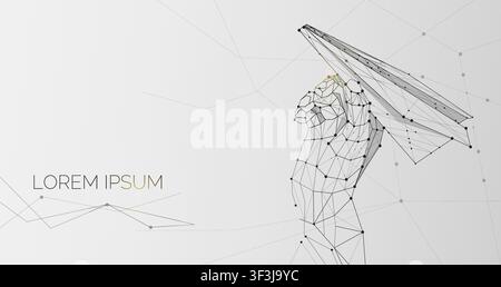 Hand holding paper airplane, illustration made of lines and dots Stock Vector