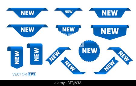 Set of blue NEW labels and tags in various shapes. Ideal for highlighting new products, services, or special announcements. Vector illustration Stock Vector