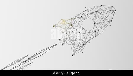 Creative illustrative image of flying spacecraft over grey Stock Vector