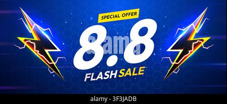 8.8 Flash Sale banner with lightning bolt design. Dynamic promo background for marketing. Vector illustration Stock Vector