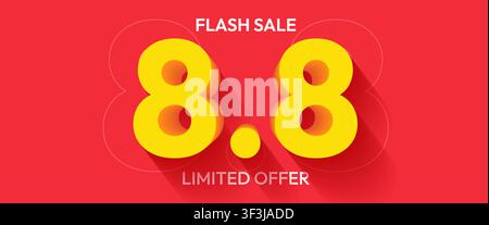 Flash sale 8.8 banner with yellow numbers on red background for limited special offer. Vector illustration Stock Vector