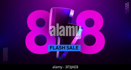 Flash sale banner with 88 percent discount sign. Dynamic neon style promotional design. Vector illustration Stock Vector
