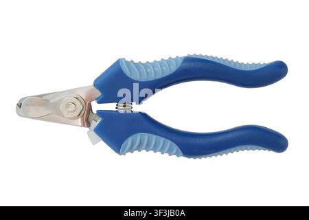 Pet grooming. Cat nail clippers isolated on white background. Tool with blue plastic handles and metal blade. Stock Photo