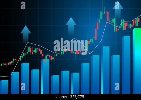 Colorful candlestick chart and 3D bar graph illustrate financial growth, market trend analysis, bullish momentum and data-driven investment insights Stock Vector