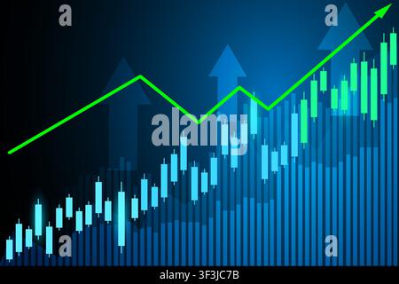 Stock market illustration showing a strong bullish trend with candlestick charts, trading volume, and an upward growth arrow on a digital financial Stock Vector