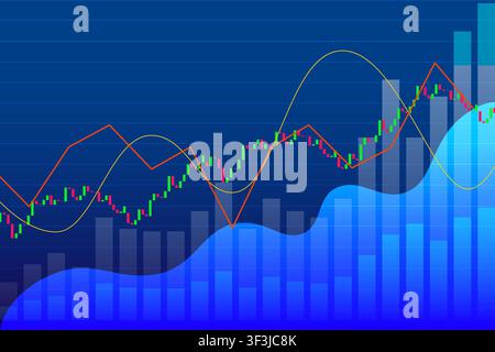 Professional financial market dashboard featuring candlestick price chart, trading volume bars, trend lines, and market analytics Stock Vector