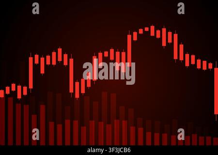 Red candlestick chart with volume bars illustrating a bearish market trend, falling prices, and high volatility. Conceptual finance image representing Stock Vector
