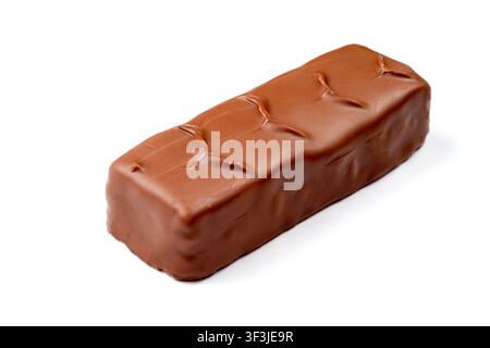 Chocolate bar on a white background. A chocolate bar with a filling is isolated on a white background. Stock Photo