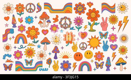 Retro Groovy Graphic Elements Bundle with Flowers, Mushrooms and Peace Signs Stock Vector