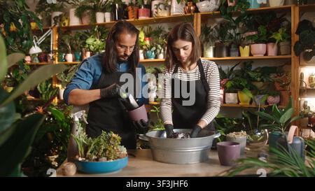 Two professional caring florists adding fertilizers to soil for flowers at flower shop. Attractive successful focused man and young adult cute woman Stock Photo