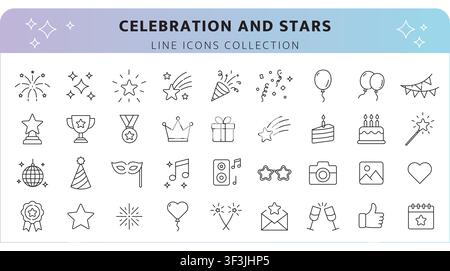 Celebration and Stars Icon Set, Editable Line. Stock Vector