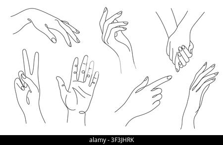 Hands Gestures Collection, Editable Line. Stock Vector
