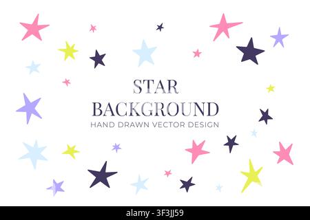 Colorful hand drawn star border with pink purple yellow and blue shapes creating a playful pattern on a white background Stock Vector
