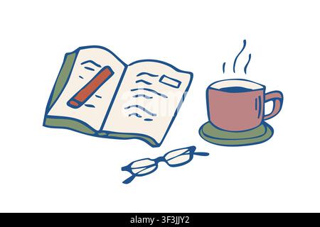 Hand drawn open notebook with coffee cup and glasses study vector doodle illustration Stock Vector
