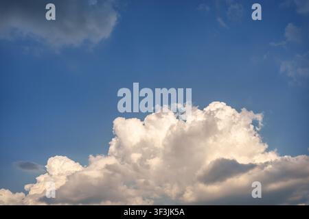 Dramatic white cumulus clouds billowing upward against vivid deep blue sky bathed in warm sunlight at evening Stock Photo