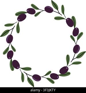 Elegant handdrawn circular wreath made of olive branches with ripe dark olives and green leaves. Perfect for olive oil labels, wedding invitations, Me Stock Vector