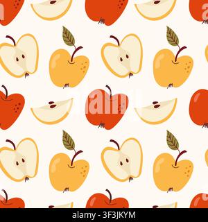 Seamless pattern featuring whole red and yellow apples, halves, slices and green leaves on a light background. Perfect for autumn food packaging, kitc Stock Vector
